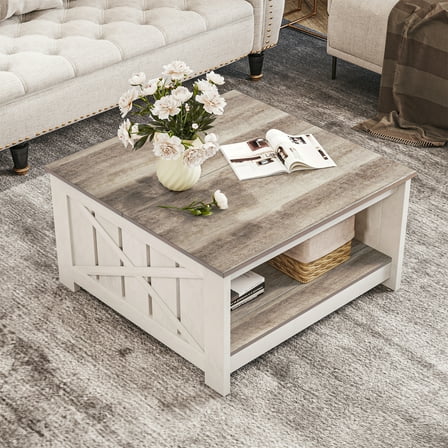Wangbujianwang Coffee Table Farmhouse Coffee Table with Storage Rustic Wood Cocktail Table, Square Coffee Tables for Living Meeting Room with Half Open Storage Compartment, Grey Wash