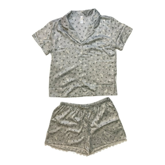Flora By Flora Nikrooz Women's Satin Notch Collar Short Sleeve & Shorts PJ Set (Grey Floral, XL)