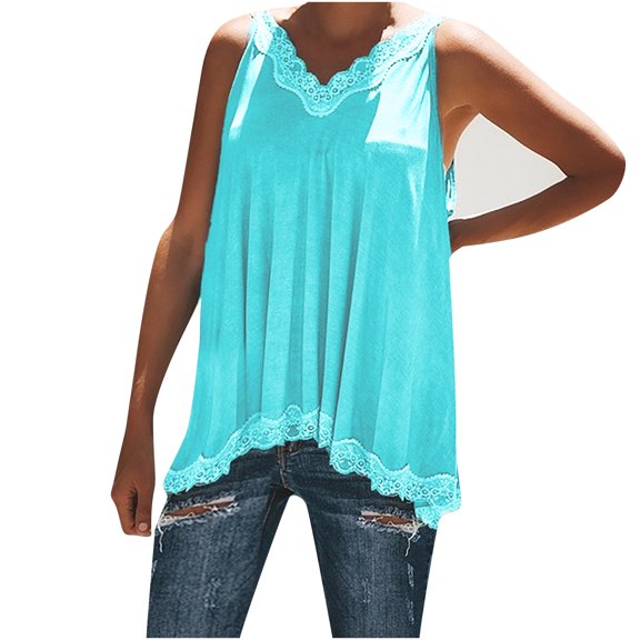 HAPIMO Women's Summer Tank Tops Sleeveless Shirts for Girls V-Neck Blouse Solid Color Print Tops Lace Crochet Tunic Camisole Casual Pleated Flowy Camis Vest Discount Light blue S