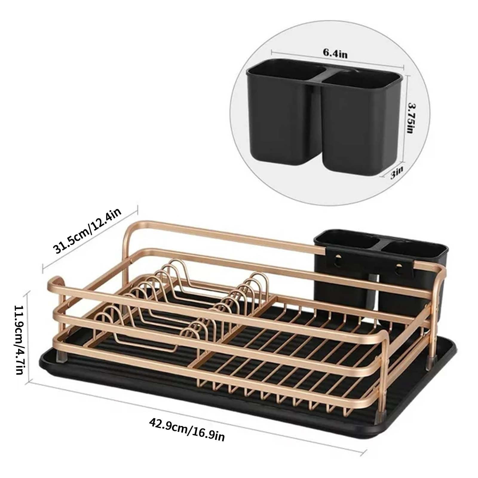 Huayishang Dish Drying Rack Aluminum Dish Drying Rack Counter Rustproof Dish Storage with Cutlery Holder Removable Drainer Tray Rose Gold, Kitchen Essentials Clearance Sale Gold