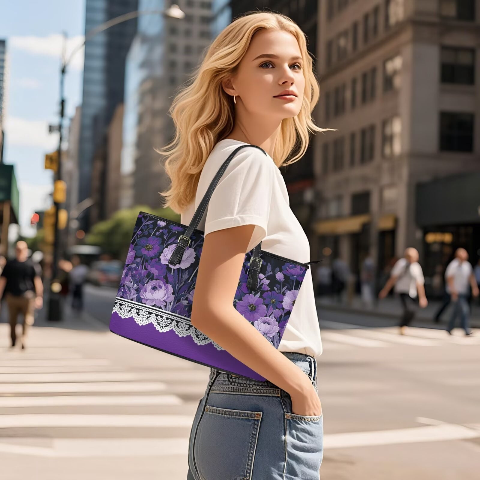 TSOVTHRID Poppy Peony Floral Print Tote Bag Handbag with Wallet Set Pu Leather Hobo Shoulder Bag for Women Ladies 2 Pcs Purple Top Handle Handbag Purse Clutch Shoulder Satchel