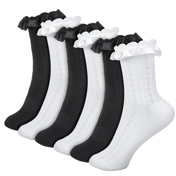 Bocaoying 6 Pack Womens Ruffle Socks, Cute Lace Socks, White and Black Ruffle Socks, US Size 4.5-7 Comfortable Frilly Socks, Crew Dress Socks Lolita Gift for Women Girl