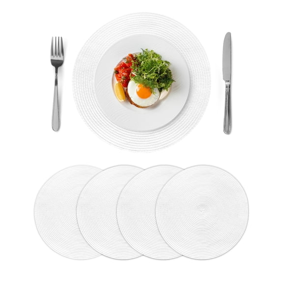 Pure White Round 15 Inch Placemats Set of 4, Simple Solid Color HeatResistant Non Slip Place Mats for Dining Table, Wipeable Braided Kitchen Table Mats for Housewarming