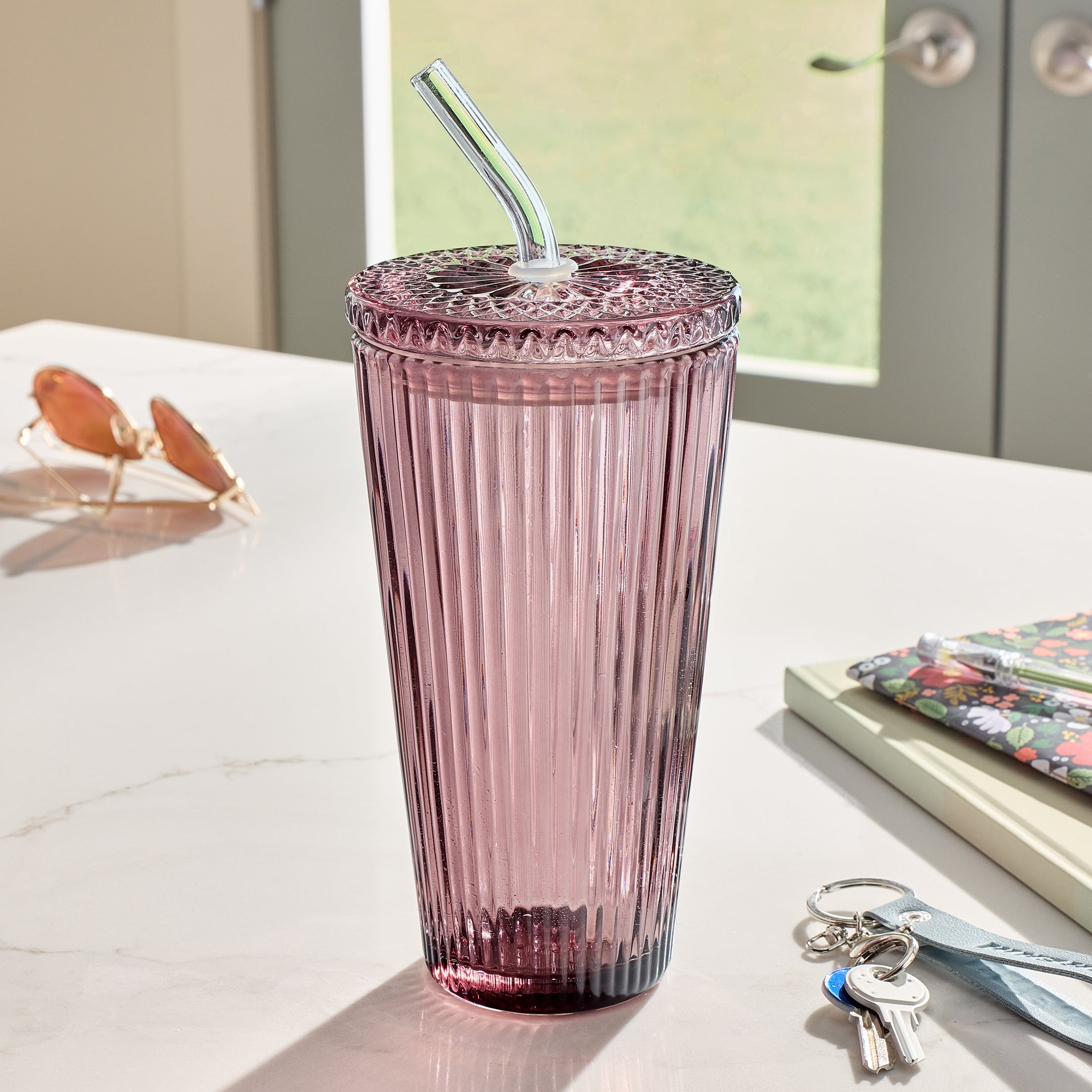 Better Homes & Gardens 21 oz Purple Ribbed Glass Tumbler with Glass Lid and Straw