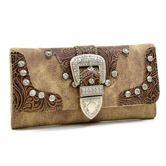 7.5 x 4.5 in. Trifold Rhinestone Studded Buckle Wallet, Brown
