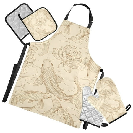 Fish and Lotus Flower 5 Pcs Kitchen Set Heat Resistant Oven Mitts and Non-Slip Pot Holders with Adjustable Cooking Apron