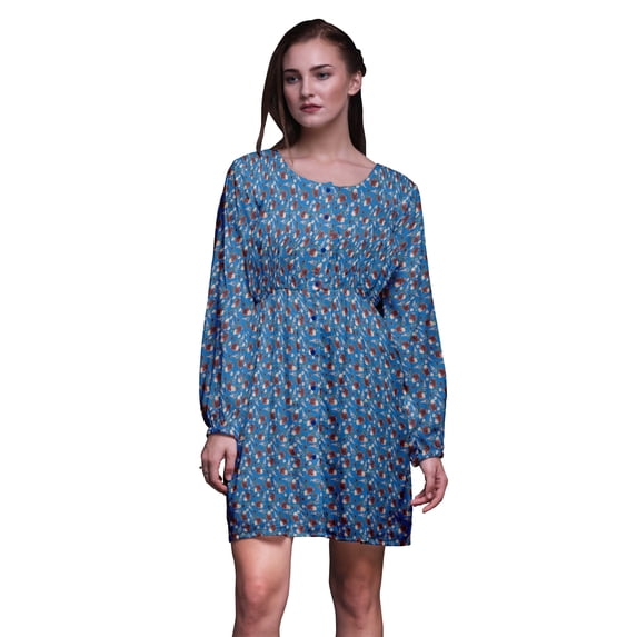 Bimba Blue Leaves & Chrysanthemum Floral Button Down Midi Dress Women Tunic Long Sleeve Smocked Top-X-Large