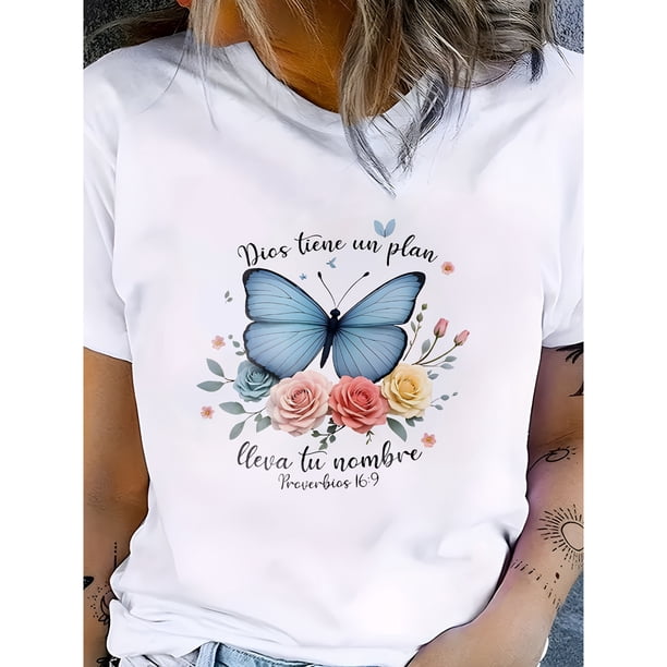 Nueva versión de la camiseta de manga corta con estampado de mariposas para mujer