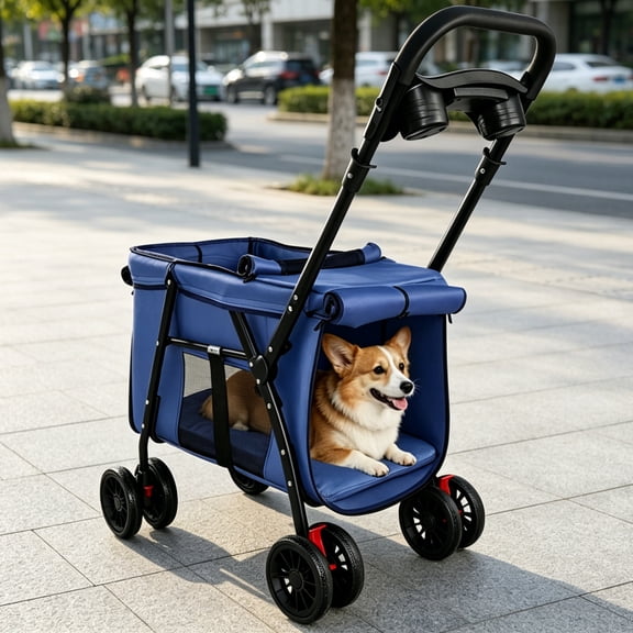 Noble House Foldable Pet Stroller for Small Medium Dogs and Cats with Mesh Canopy, Storage Tray, Navy Blue