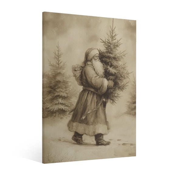 Vintage Christmas Santa Claus Wall Art Paint Framed - Retro Xmas Festive Winter Holiday Christmas Wall Decor Canvas Print for Living Kitchen Bathroom Home Decor
