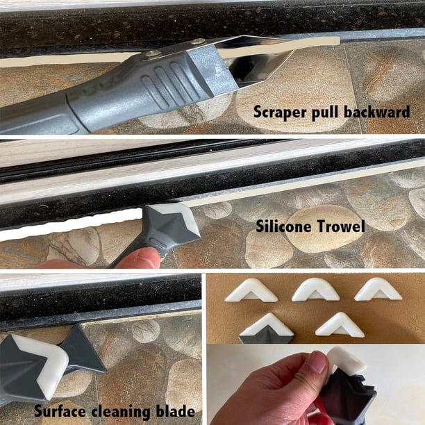 Herramientas de calafateo de silicona 3 en 1 (cabeza de acero inoxidable), herramienta de acabado de sellador, raspador de lechada, reutilización y reemplazo de 5 almohadillas de silicona
