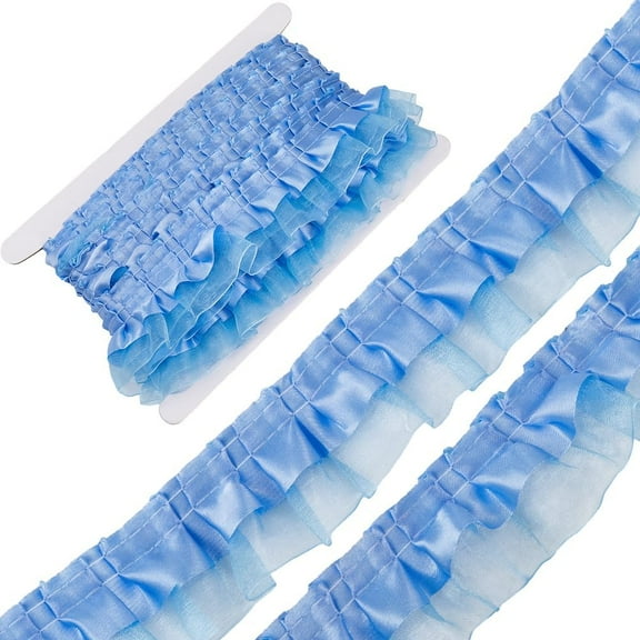11 Yards 2-Layer Satin Organza Lace Edge Trim Pleated Ruffle Chiffon Ribbon Gathered Edging Trimmings Fabric for Cloth Dress Sewing Embroidered Applique Wedding Party Decor Blue DIY