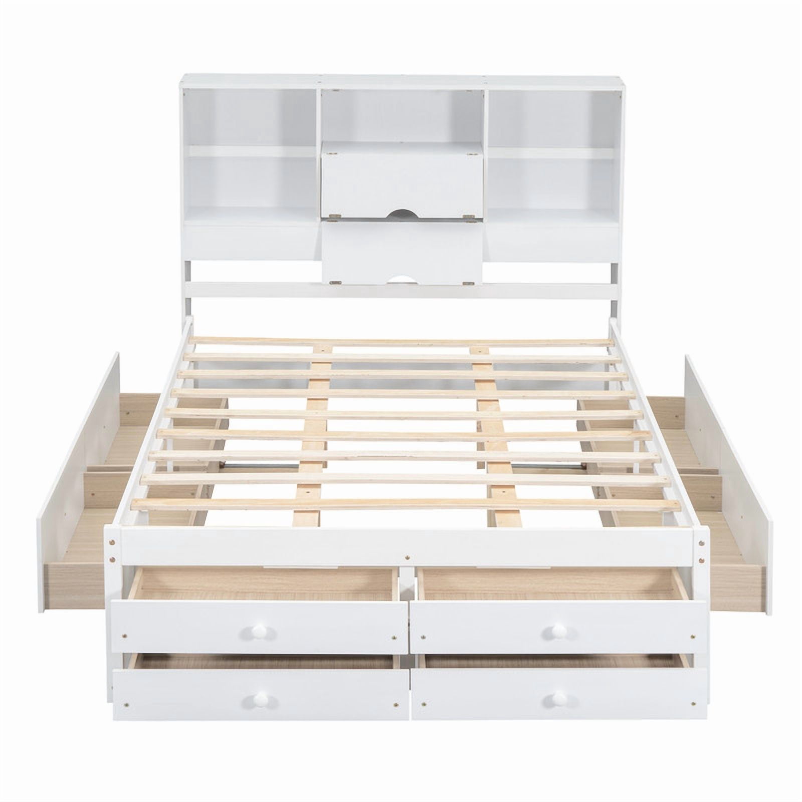 Queen Size Platform Bed with Bookcase Headboard, Storage Wooden Bed Frame with 8 Drawers