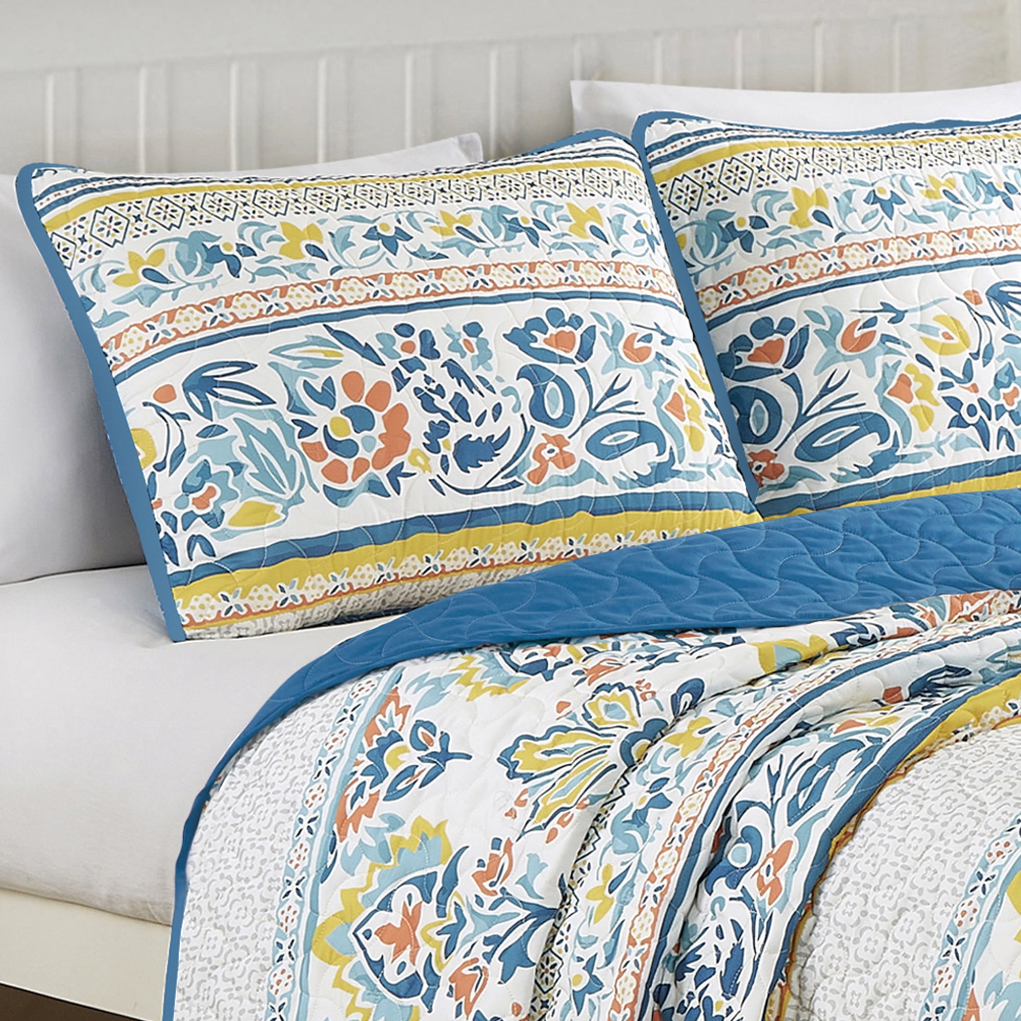 Blue Boho Floral Bedspread Set King Size - Medallion Bedding Set