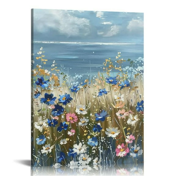 JEUXUS Canvas Wall Art Beach Floral Wall Picture Coastal Boho Farmhouse Daisy Flowers Nautical Sea Ocean Wildflowers Canvas Print Vintage Artwork for Small Rustic Bathroom Bedroom Office Décor