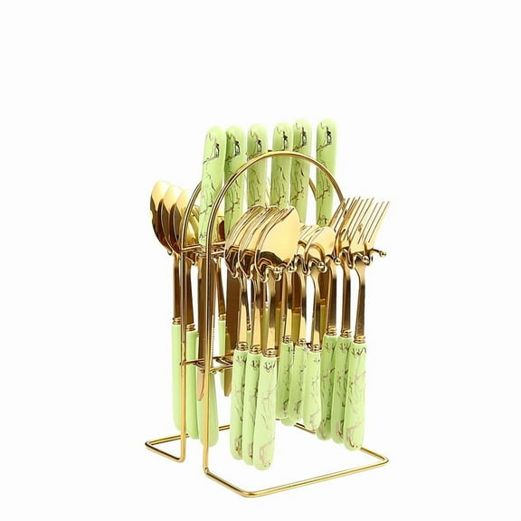 Auroal 24 piece high-end stainless steel cutlery set with bracket, dishwasher safe, 7-person cutlery set - Gold,Green A