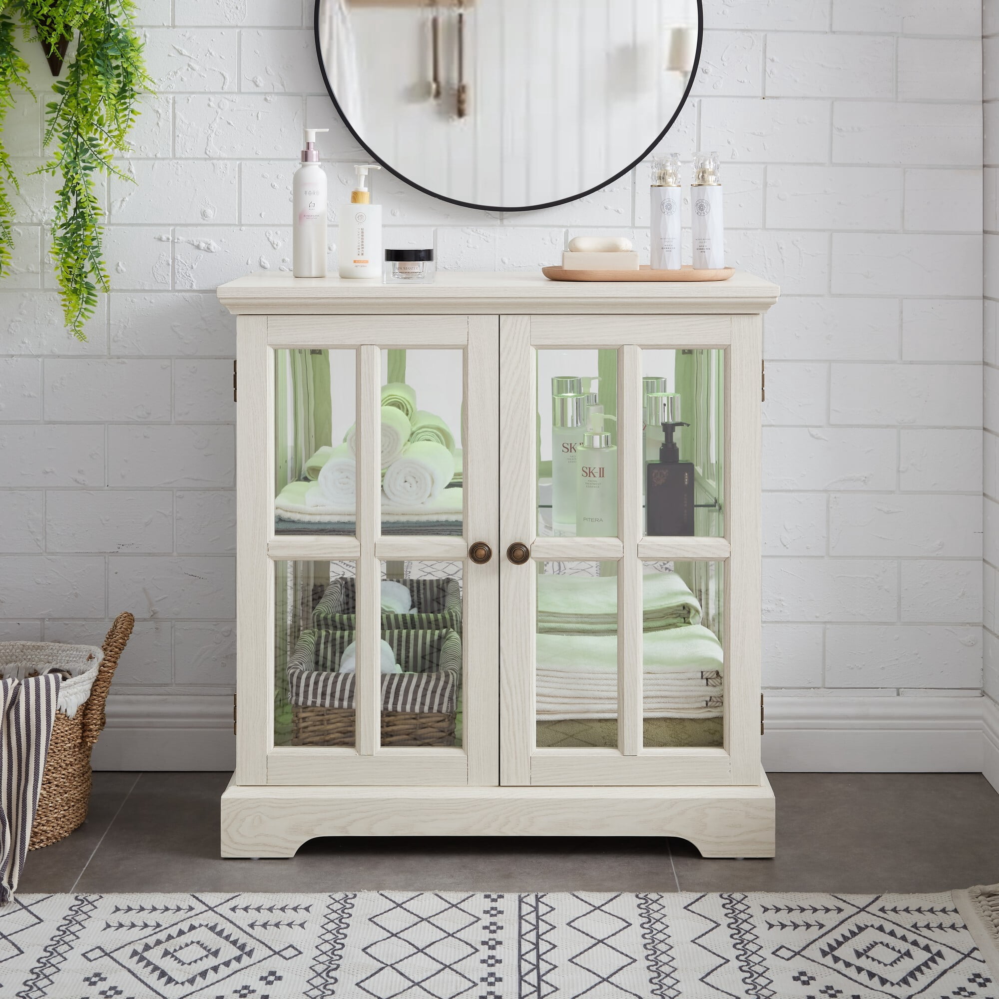 AENKYO Retro LED Glass Display Cabinet with Adjustable Shelf, Vintage Style Curio Showcase for Home, Antique White