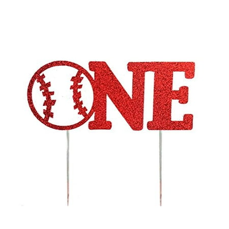 CMS Design Studio Handmade 1st First Birthday Cake Topper Decoration - one with Baseball - Made in USA with Double Sided Red Glitter Stock