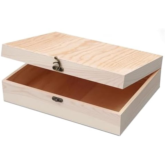 Unfinished Wooden Box with Hinged Lid for Crafts DIY Storage Jewelry Pine Box - 12" x 9" x 3.35"