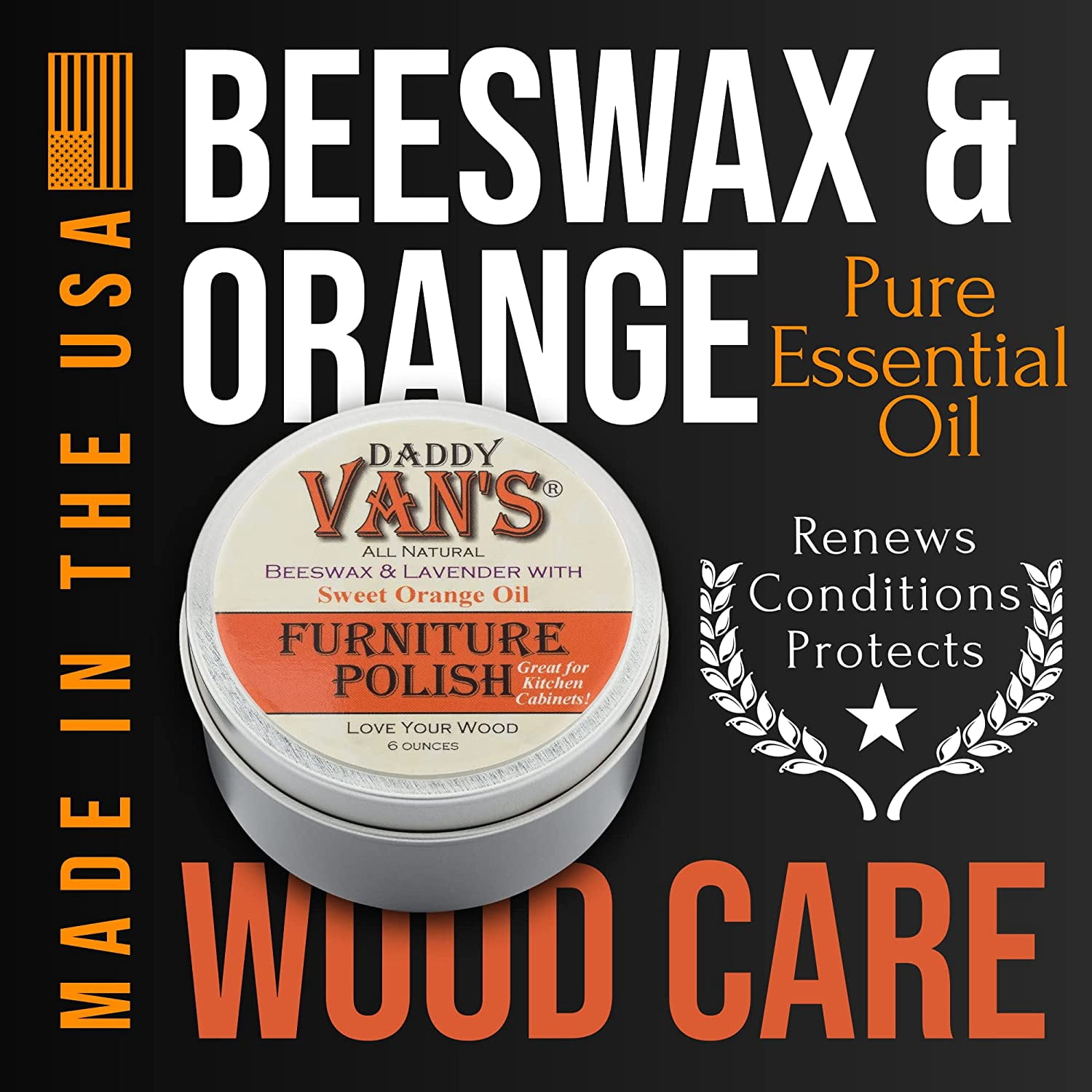 Beeswax Furniture Polish – Natural Wood Polish with Lavender & Sweet Orange Oil – Non-Toxic Chemical-Free Eco-Friendly Wood Conditioner – Safe for Kids & Pets – 6 oz