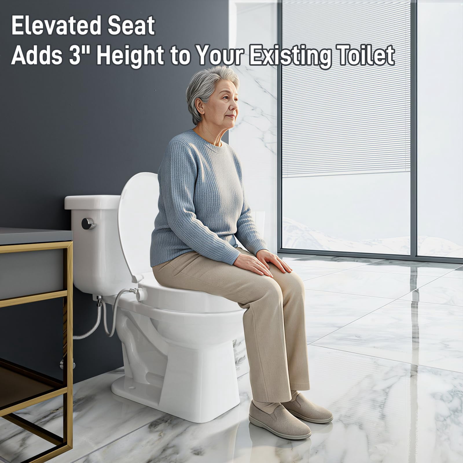 Raised Toilet Seat With Bidet - Round  Soft Close 3" Height Dual Nozzle (frontal & Rear Wash) Adjustable Cold Water And Stainless Steel Inlet (round)