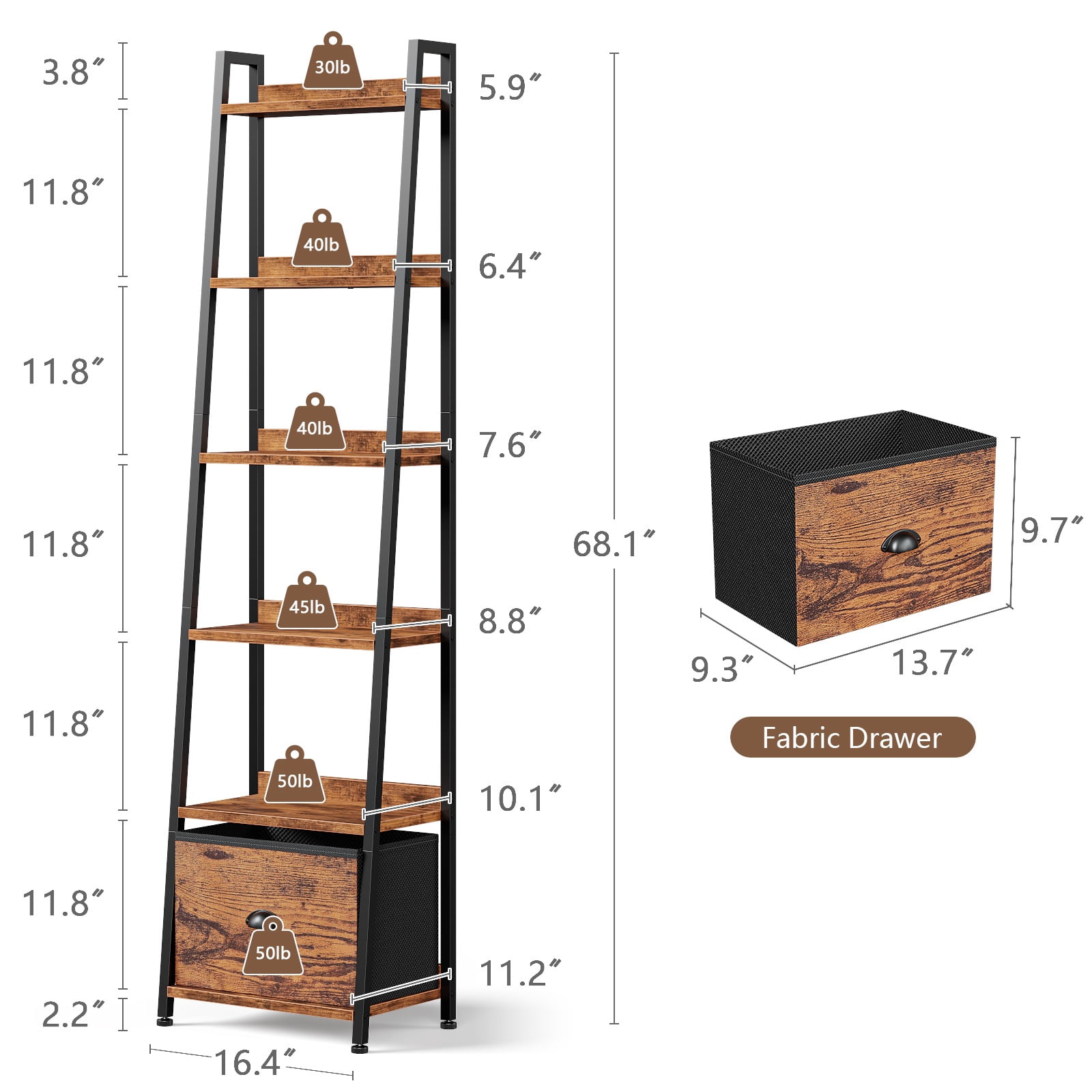 Tydimor 6-Tier Leaning Ladder Bookshelf with Foldable Fabric Drawer, Rustic Brown Leaning Bookcase with Adjustable Foot, Storage Shelves for Home Office Living Room Bedroom