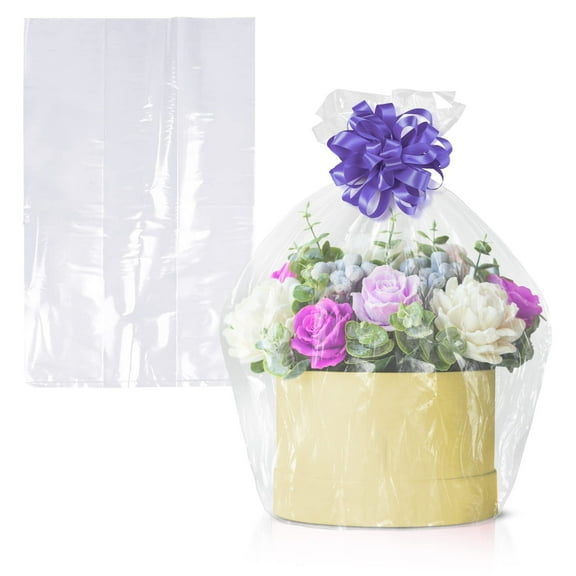 Clear Gusseted Poly Bags, 10 x 8 x 24 Inches. Pack of 100 Waterproof Side Gusseted Plastic Bags with Open Top. 2 Mil Thick Flat Bottom Clear Bag for Packaging Popcorn, Cookies, Bread