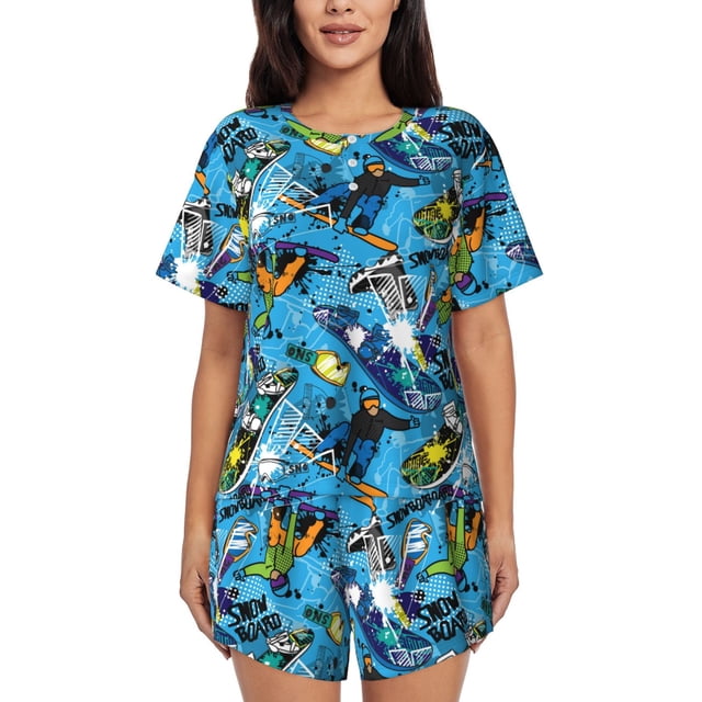 Balery snow board blue Conjunto de Pijama para Mujer con Estampado, Dos Piezas de Manga Corta y Shorts, Ropa de Dormir Suave con Cuello Redondo y Bolsillos-4X-Large