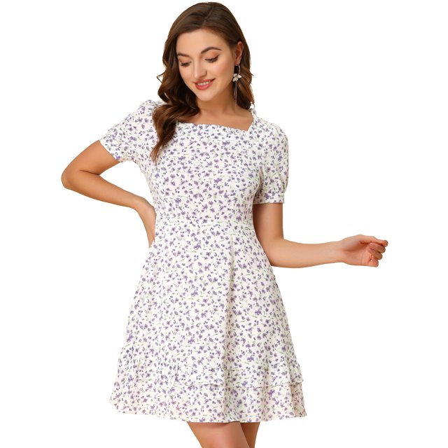 INSPIRE CHIC Mini Vestido Floral Acampanado De Gasa Con Cuello Cuadrado Y Volantes Para Mujer Blanco S
