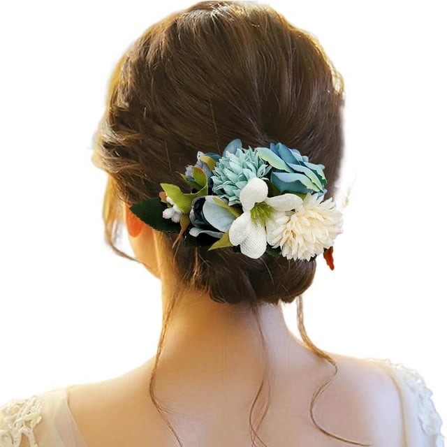 XASZHN Flower Hair Side Combs Slide Clips Floral Bows Hairpins Set Blue_003 One Size
