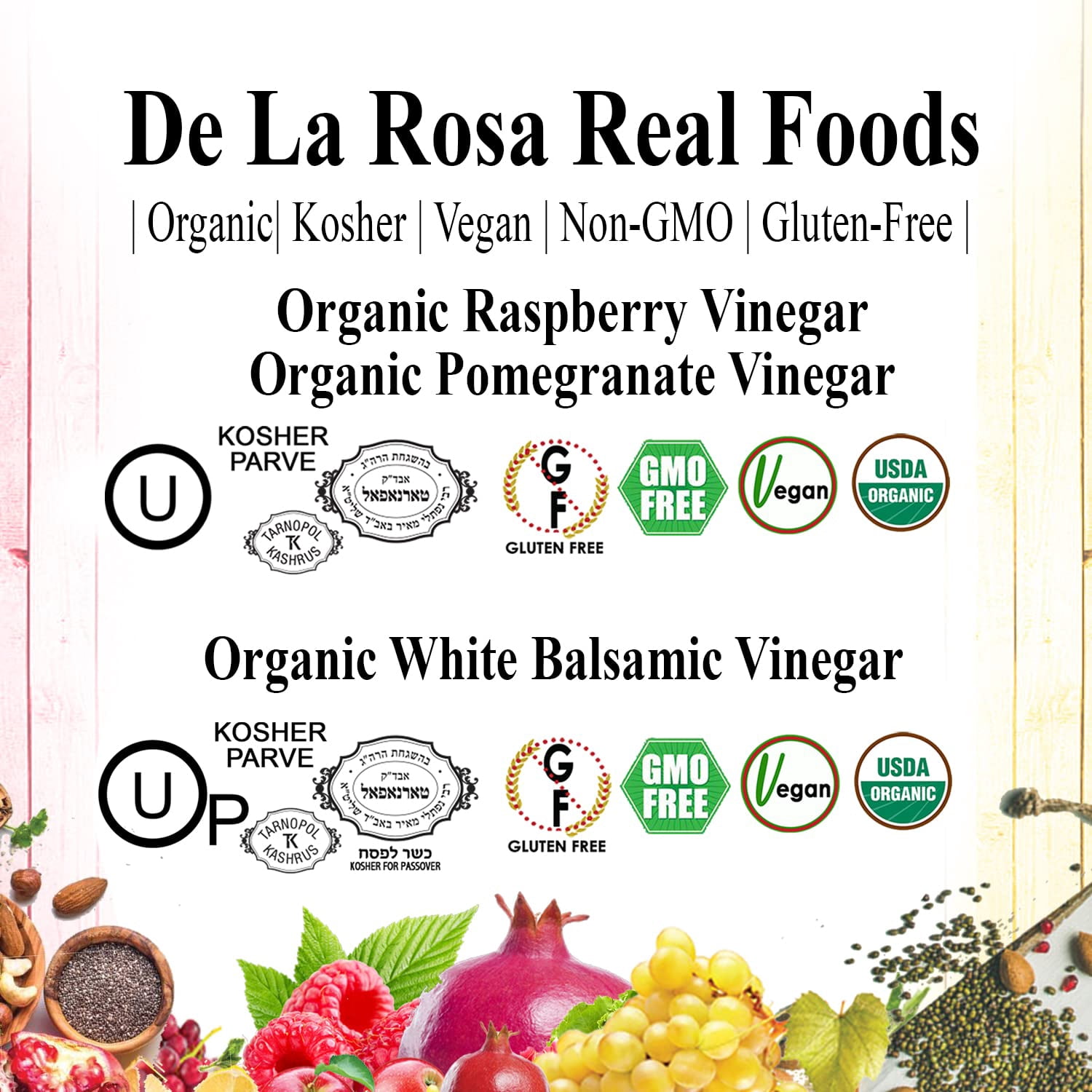 De La Rosa Organic Vinegar Variety Pack, Raspberry, Pomegranate & White Balsamic Vinegar, Vegan, Kosher, Non-GMO