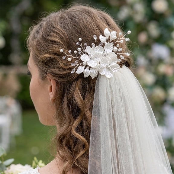 MIALLO White Flower Wedding Bridal Bridesmaid Hair Clips, Marquise-cut Crystals Barrette for Women & Girls