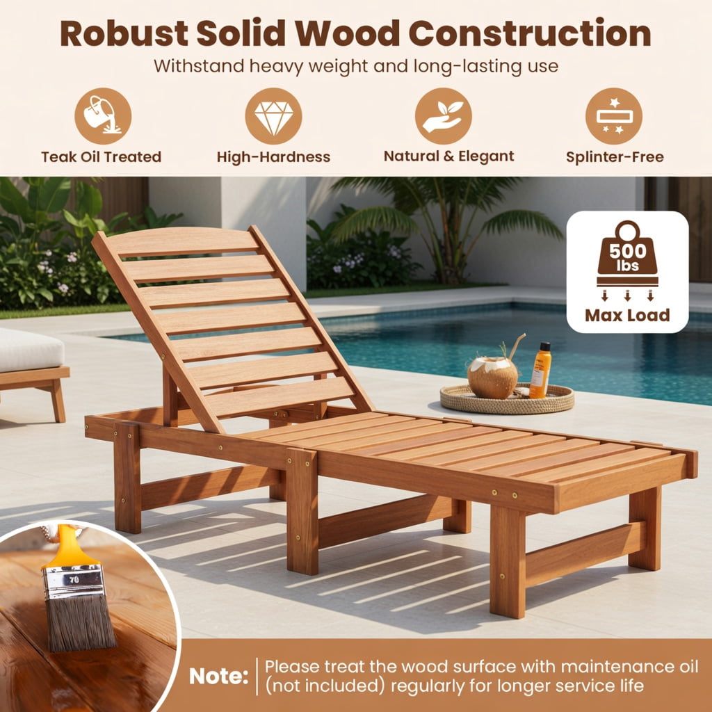 Hommoo Solid Wood Outdoor Chaise Lounge Chair with 5-Position Adjustable Backrest, Heavy-Duty Patio Recliner for Backyard, Garden & Poolside, Natural