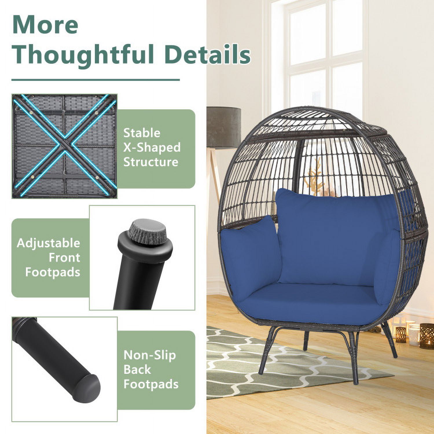 Aimee Lii Oversized Patio Rattan Egg Lounge Chair with 4 Cushions, Indoor Outdoor Patio Loungers, Navy