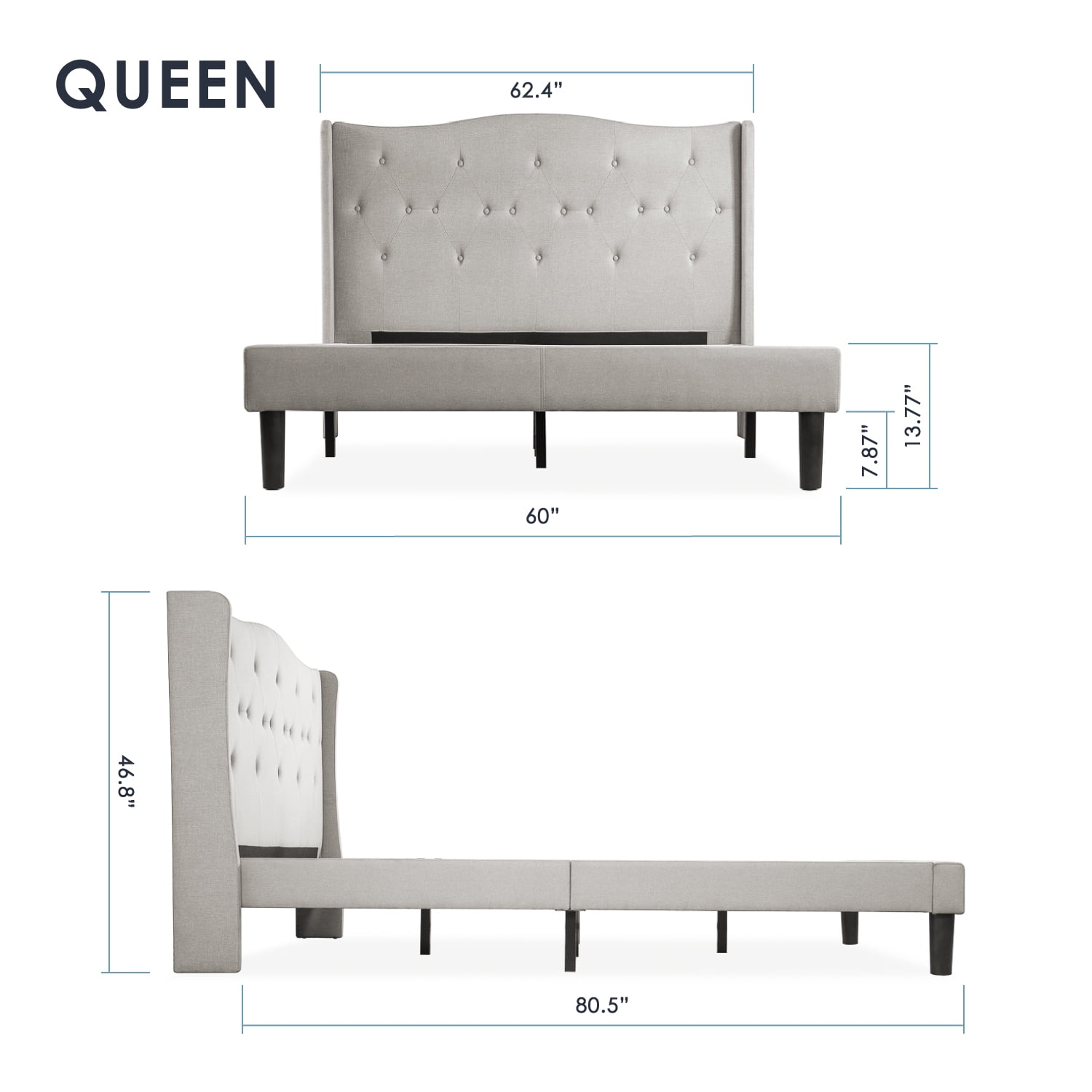 Mellow Amabel Upholstered Platform Bed with Wingback Headboard, Light Grey, Queen