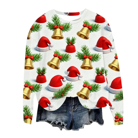 asdoklhq Womens Christmas Sweater Women's Round Neck Christmas Printed Long Sleeved Tops Shirt Sweatshirts Blouse Red 5X