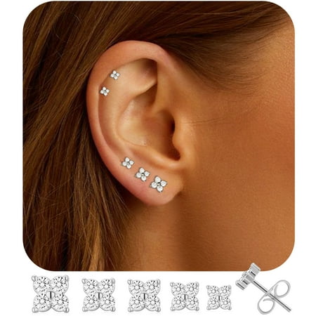 APSVO 5 Pairs 18K White Gold Plated Flower Stud Earrings for Women Hypoallergenic Small Post S925 Sterling Silver Earring Sets Birthday Christmas Jewelry Gifts Teen Girlfriend Adult Stocking Stuffers