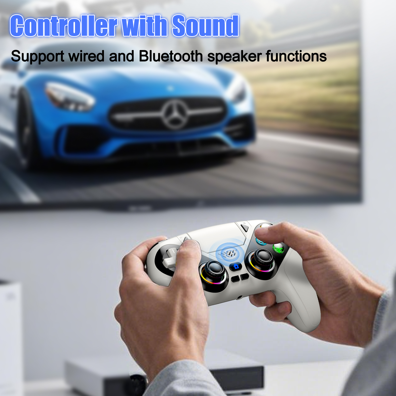 Control inalámbrico LED Turpow para P5, siete colores de luz, compatible con P5 Pro/Slim/PC, doble vibración, conector de audio de 3.5mm, función macro/turbo, control de movimiento de 6 ejes con altavoz (blanco) 7