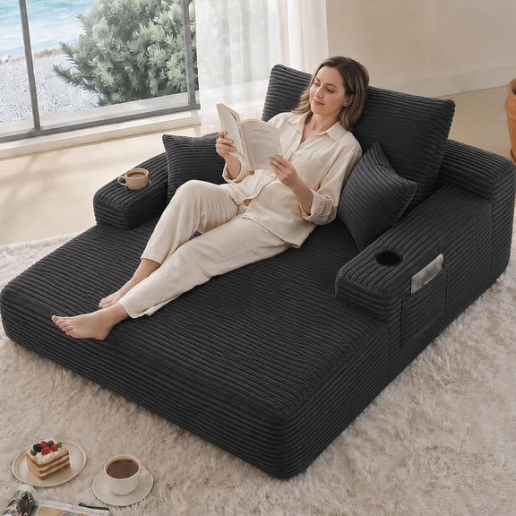 YWEN 65" Oversized Chaise Lounge Chair, Modern Corduroy Cloud Couch with 3 Pillows, Deep Seat Boneless Sofa for Living Room, Reading Nap Chair, No Assembly Required, Machine Washable Cover