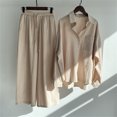 thumbnail image 4 of Conjunto de dos piezas de manga larga para mujer, camisa con cuello vuelto, pantalones holgados de pierna ancha, Color sólido, primavera y verano, 2024, 4 of 5