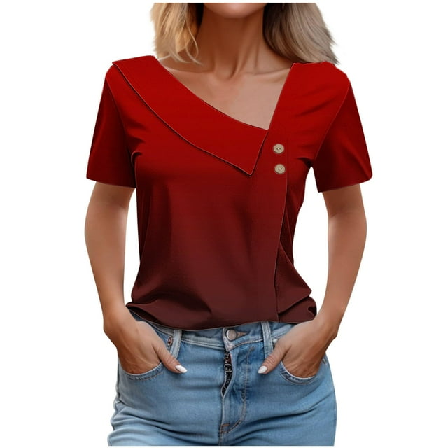 FAIWAD Going Out Tops for Women Irregular V Neck T-Shirts Gradient Short Sleeve Loose Summer Tops