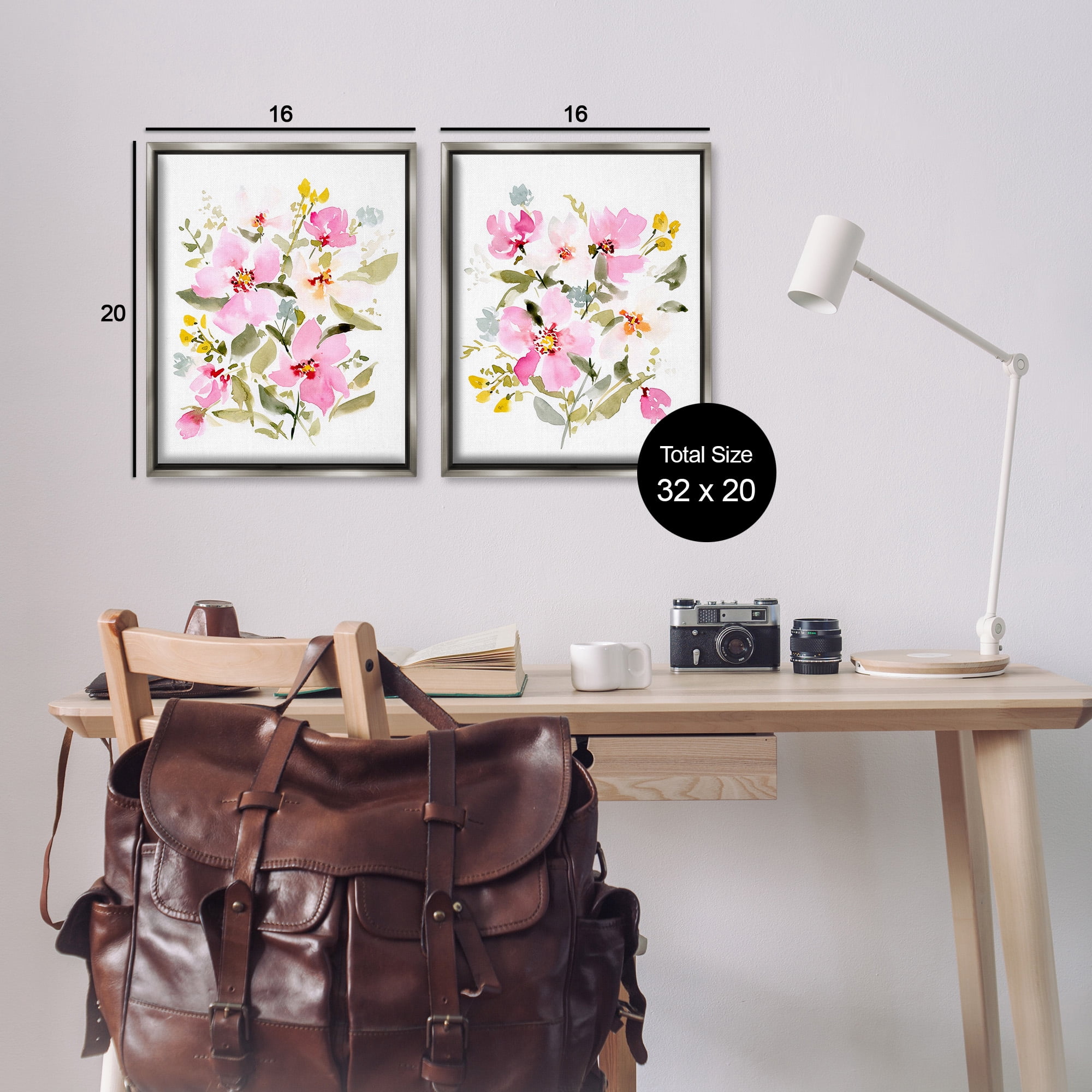 Stupell Industries Pink Scattered Blooms Botanical & Floral Painting Gray Floater Framed Canvas Art Print Wall Art, 17 x 21, Set of 2
