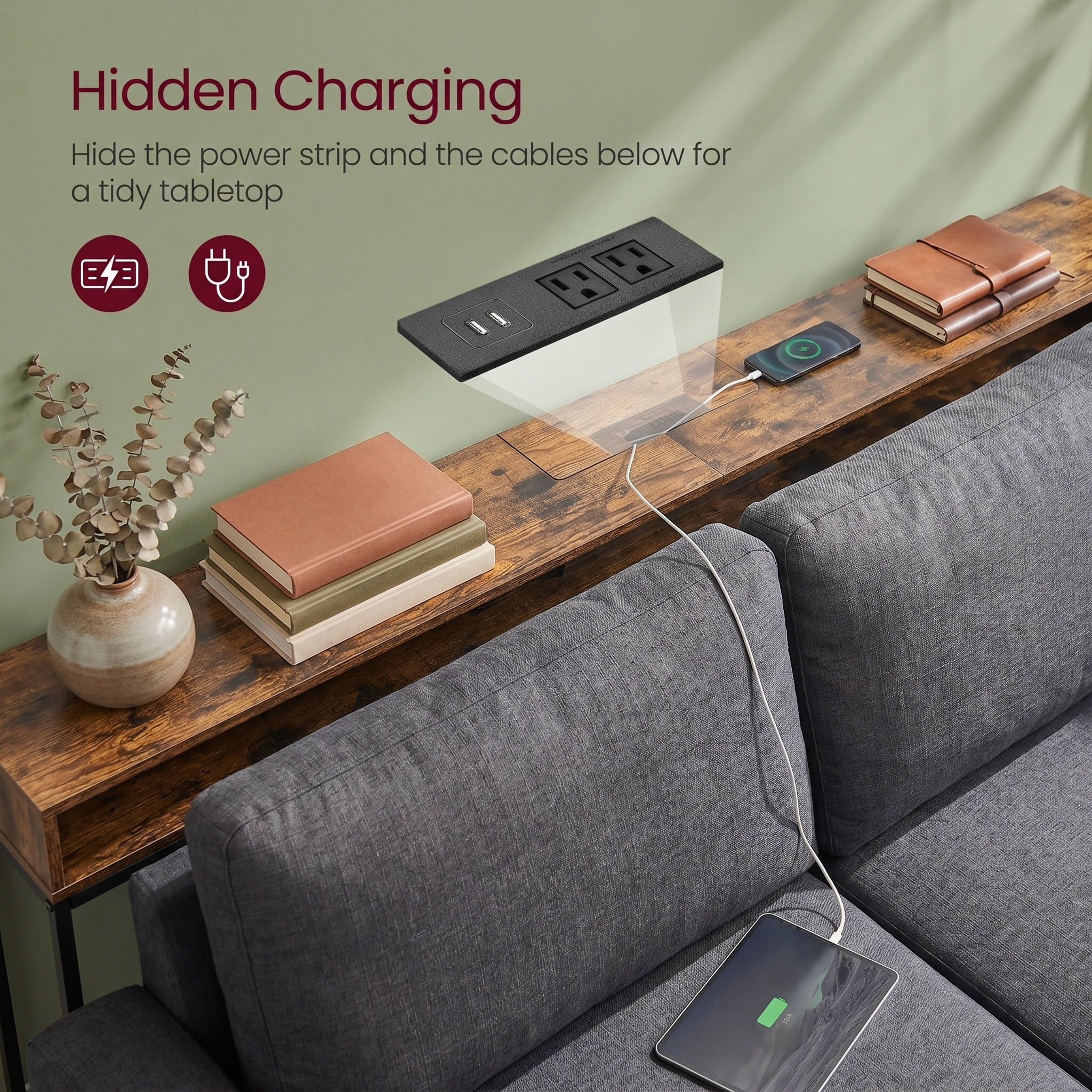 Nordic Hygge 70.9 in. Console Table with Built-In Charging Station, Brown & Ink Black