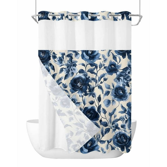 No Hook Shower Curtains with Snap in Liner, Navy Blue Botanical Peony Waterproof Fabric Shower Curtain, Vintage Floral Blossom Double Layers & See-Through Top Window Bathroom Curtains 72''x96''