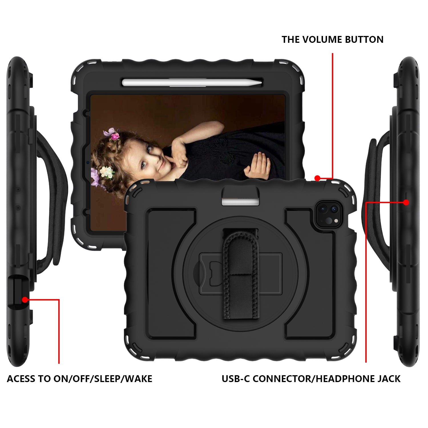 Allytech iPad Air 5 4 10.9 Case 2022/2020, Heavy Duty Shockproof Kids Case with Pencil Holder Hand Strap Kickstand Shoulder Strap for Apple iPad Air 5th 4th Generation 10.9 Inch -Black