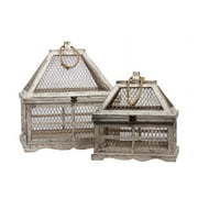 Wooden & Wire Mesh Terrarium Set Of Two W/ Jute Rope Handle