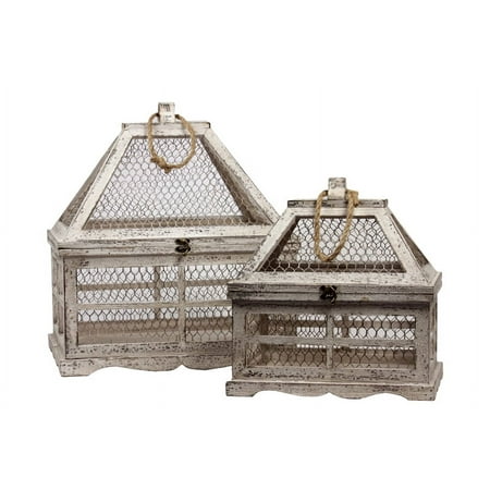Wooden & Wire Mesh Terrarium Set Of Two W/ Jute Rope Handle