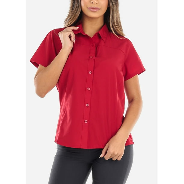 ModaXpressOnline - Womens Short Sleeve Shirt Button Up Shirt Collar Red ...
