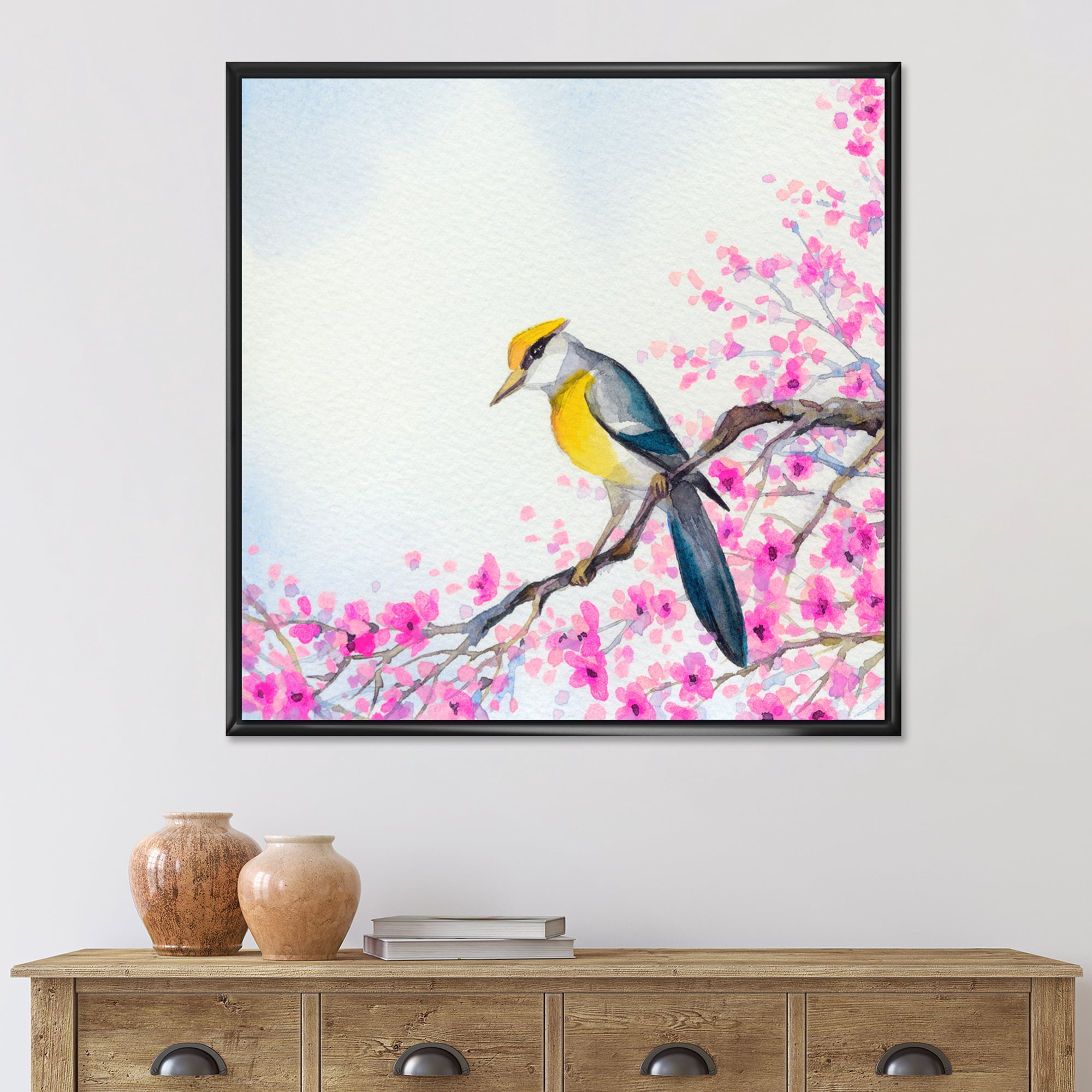 Designart 'Beautiful Bird Sitting On Flowering Branch' Traditional Framed Canvas Wall Art Print