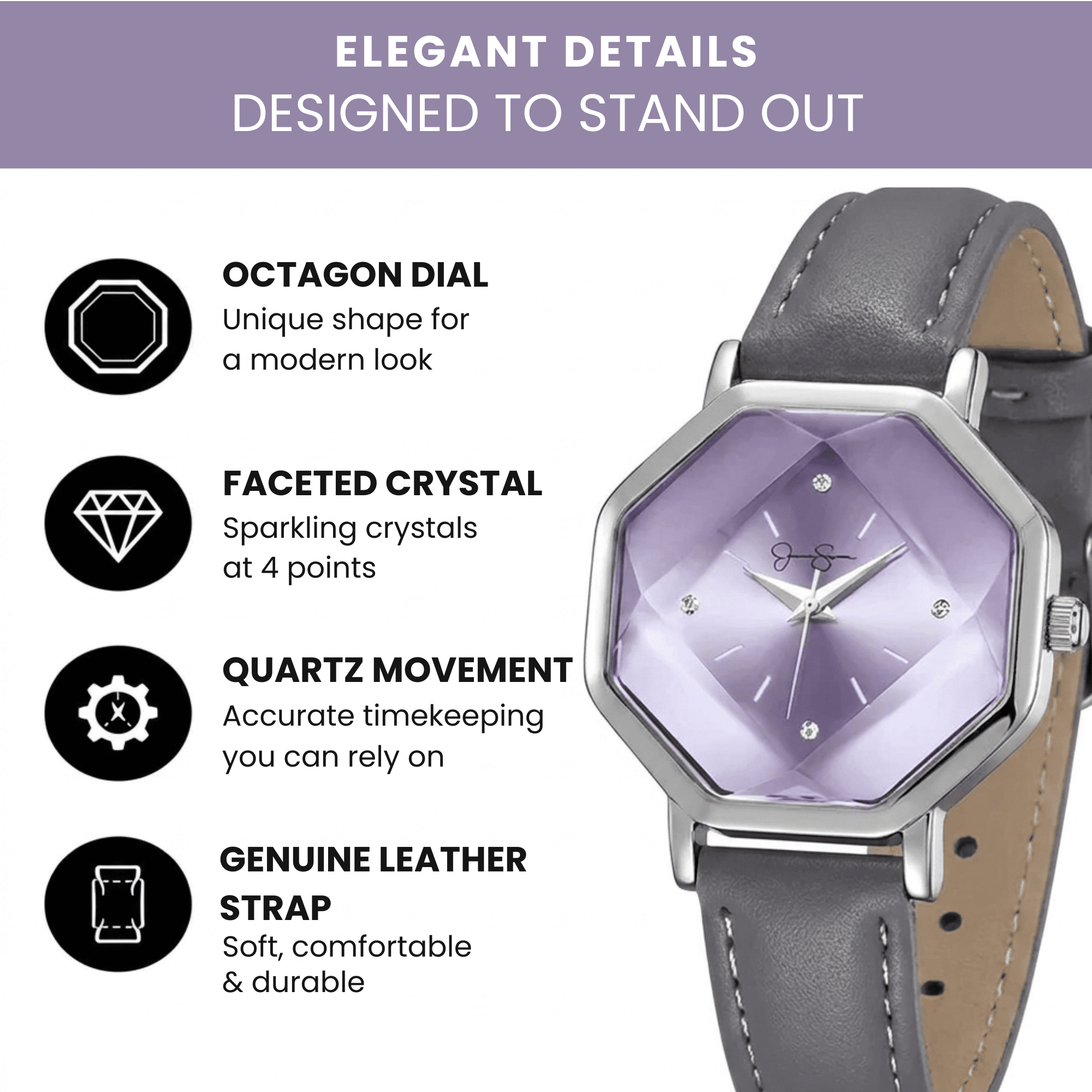 Women’s Fashion Leather Watch – Octagon Dial, Silver Case, Quartz Movement, Elegant Minimalist Dress Watch for Women, Gift for Her